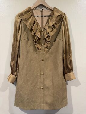 NWOT Designer Inspired Beautiful Elegant Gold Ruffle V-Neck Long Sleeve Dress